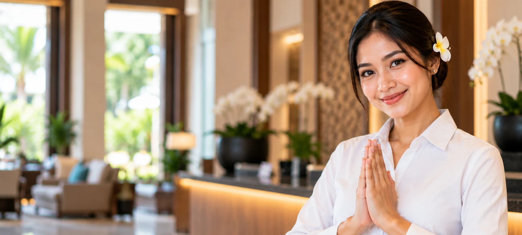 Hotel receptionist welcoming guests with a traditional greeting